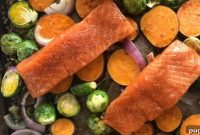 Maple-Glazed Salmon Sheet Pan Dinner with Sweet Potatoes & Brussels Sprouts