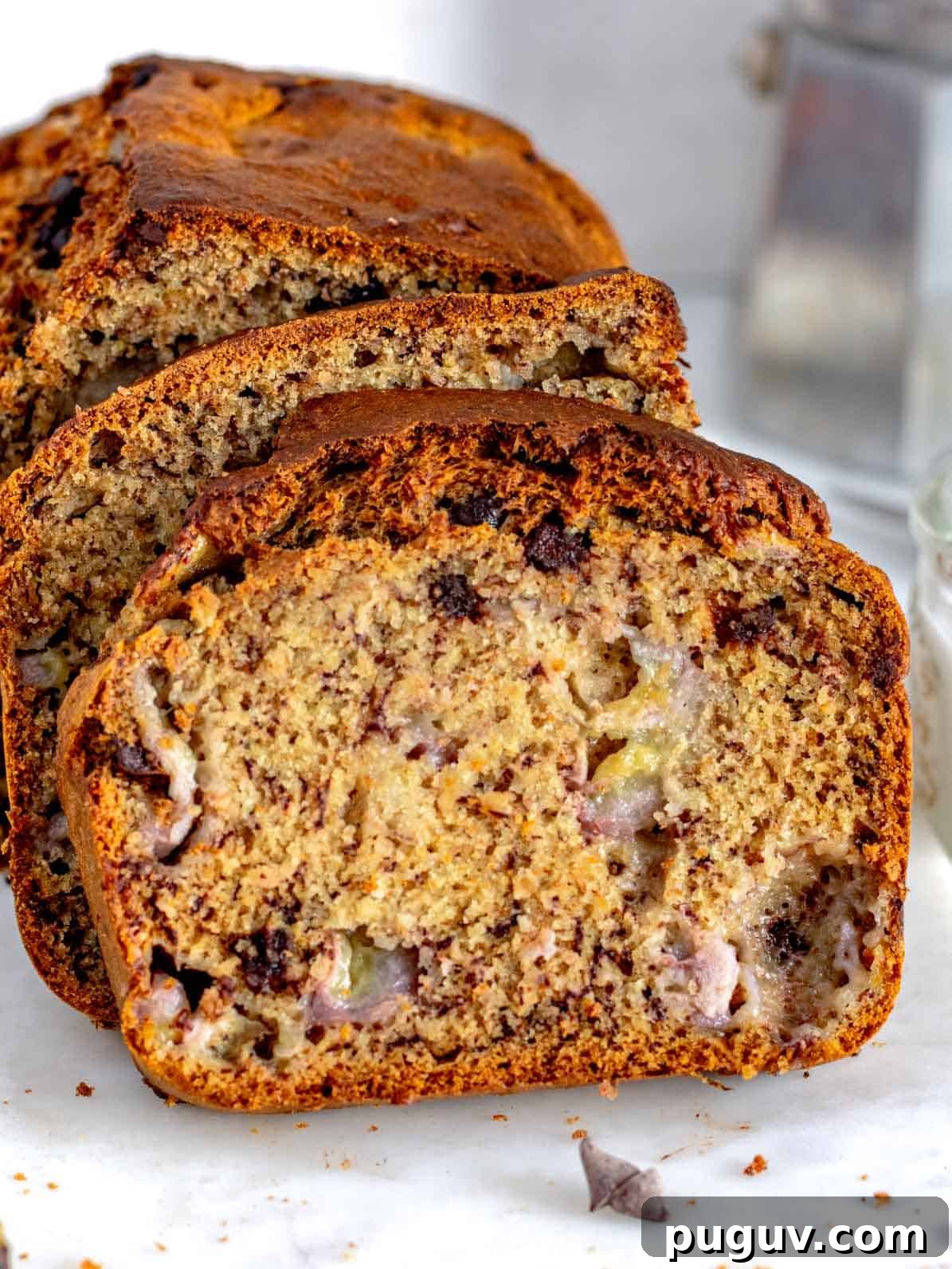 Moist Banana Bread Recipe with Whole Grain and Yogurt 2 Healthy banana bread with three slices