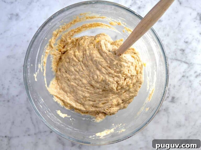Moist Banana Bread Recipe with Whole Grain and Yogurt 13 dry ingredients mixed with the wet
