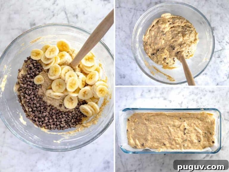 Moist Banana Bread Recipe with Whole Grain and Yogurt 14 mixing banana and dark chocolate chips in the batter