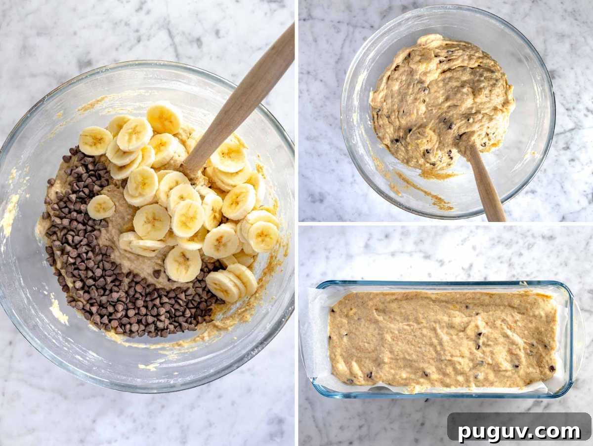 Moist Banana Bread Recipe with Whole Grain and Yogurt 8 mixing banana and dark chocolate chips in the batter