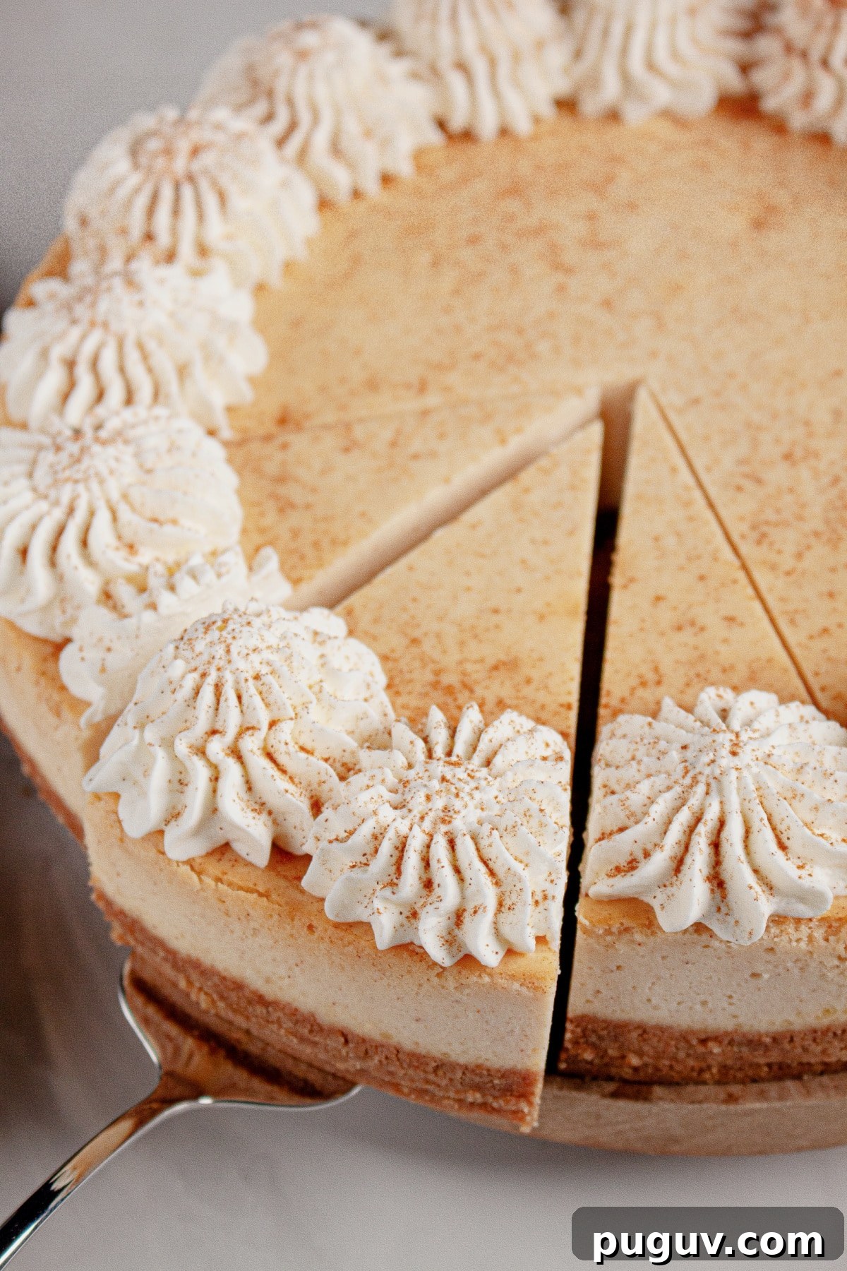 Decadent RumChata Cheesecake Recipe: Creamy Liqueur Dessert 2 Slice of cheesecake being removed.