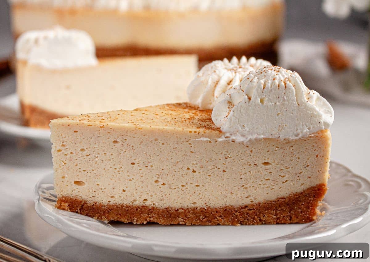Decadent RumChata Cheesecake Recipe: Creamy Liqueur Dessert 11 Slice of rumchata cheesecake on a plate.