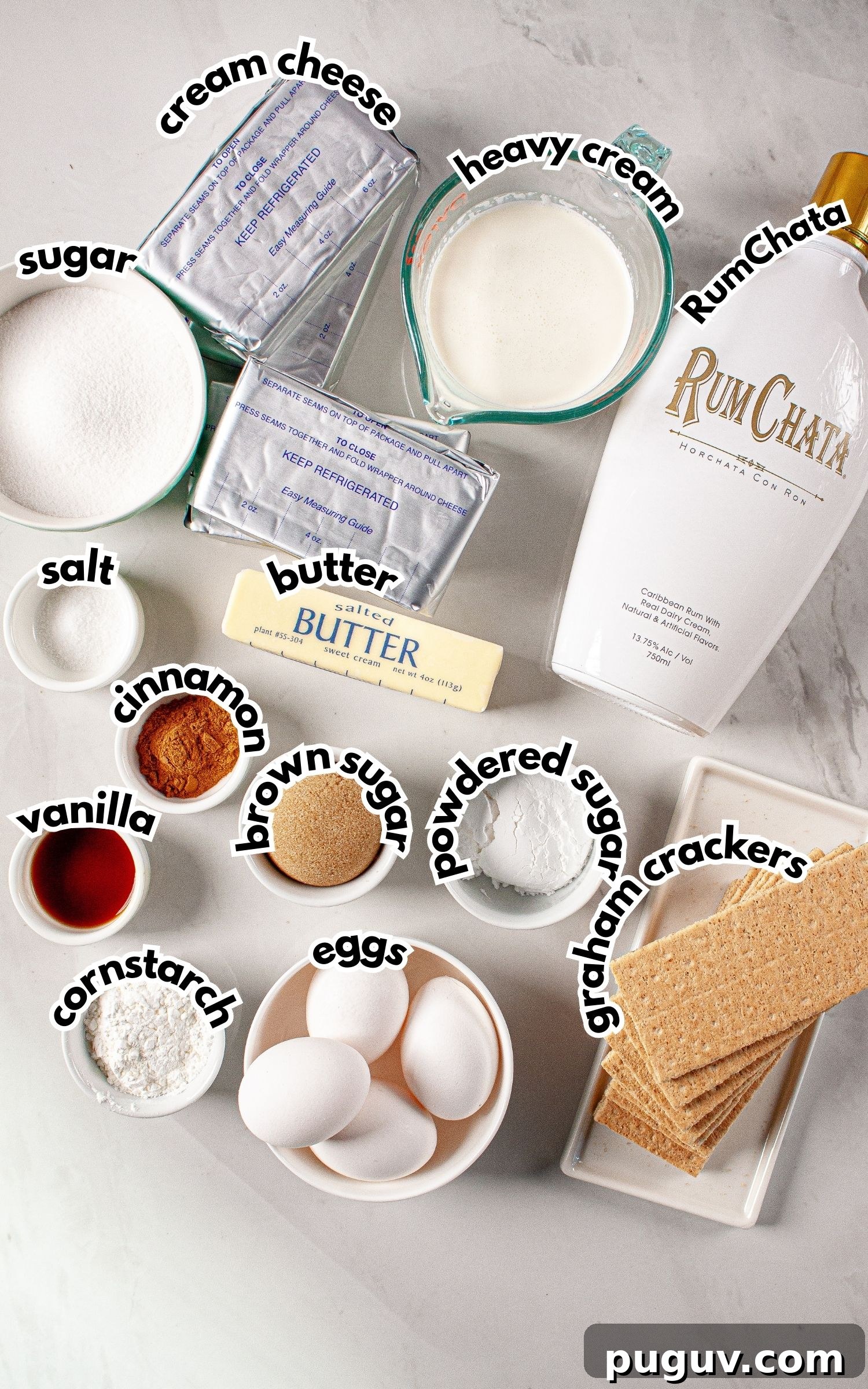 Decadent RumChata Cheesecake Recipe: Creamy Liqueur Dessert 4 Bowls of ingredients labelled with text.