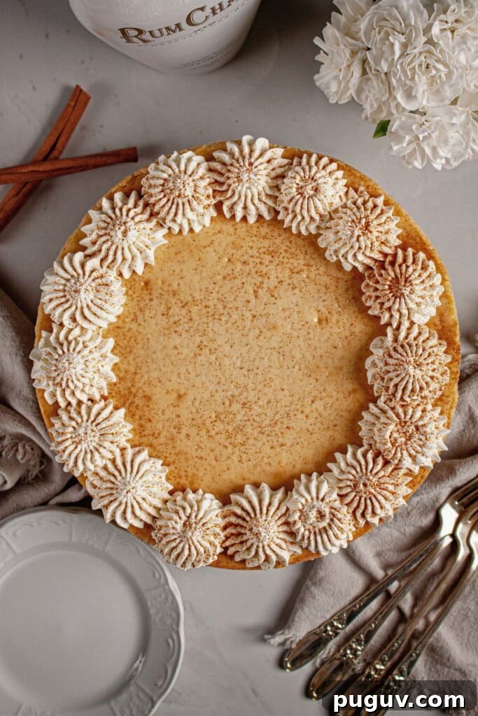Decadent RumChata Cheesecake Recipe: Creamy Liqueur Dessert 10 Cheesecake topped with whipped cream.