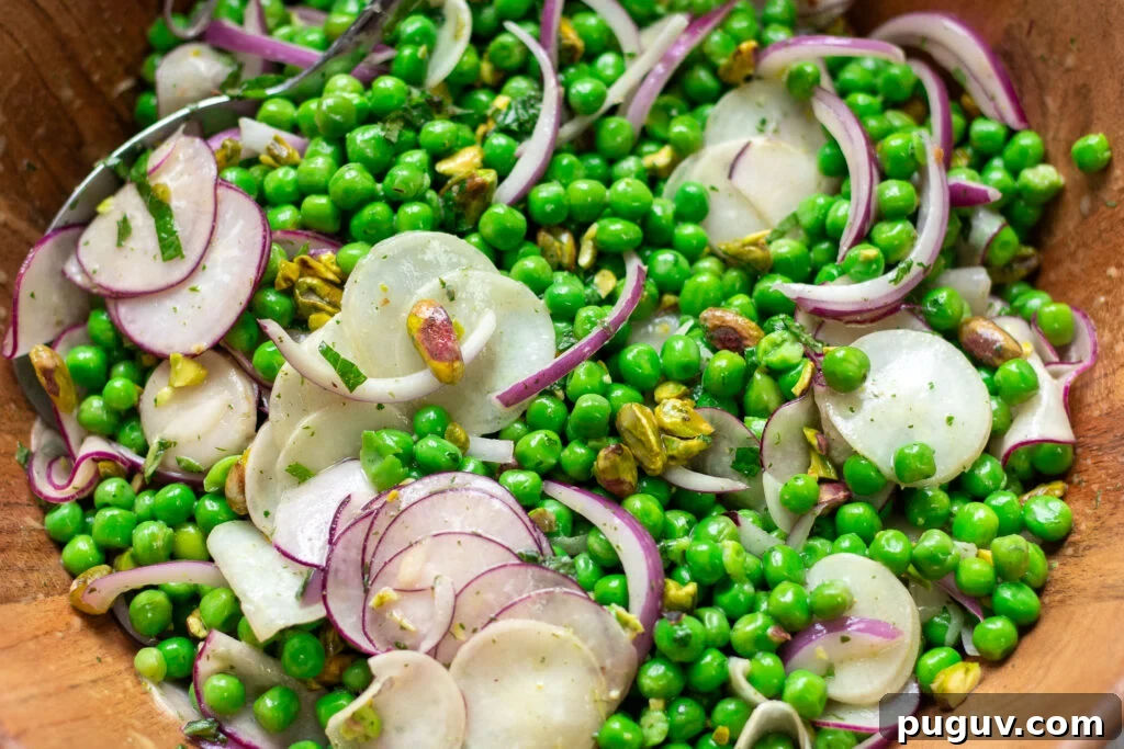 Minted Pea and Radish Salad with Lemon Vinaigrette 2 closeup of healthy pea salad with radishes, red onions, mint and pistachios