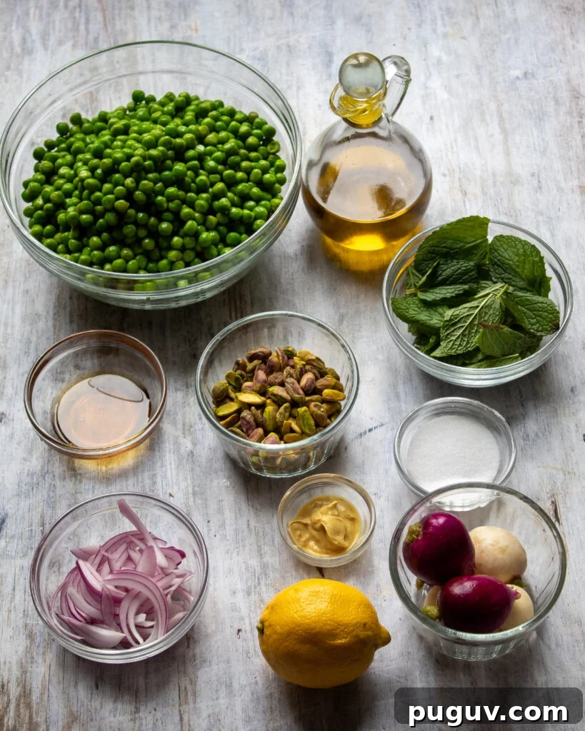 Minted Pea and Radish Salad with Lemon Vinaigrette 4 flatly of ingredients in bowls for the healthy pea salad.