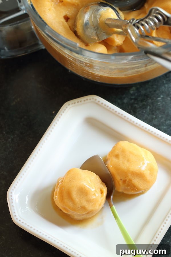 Two scoops of peach dairy-free sorbet using the "easy (no stir)" method