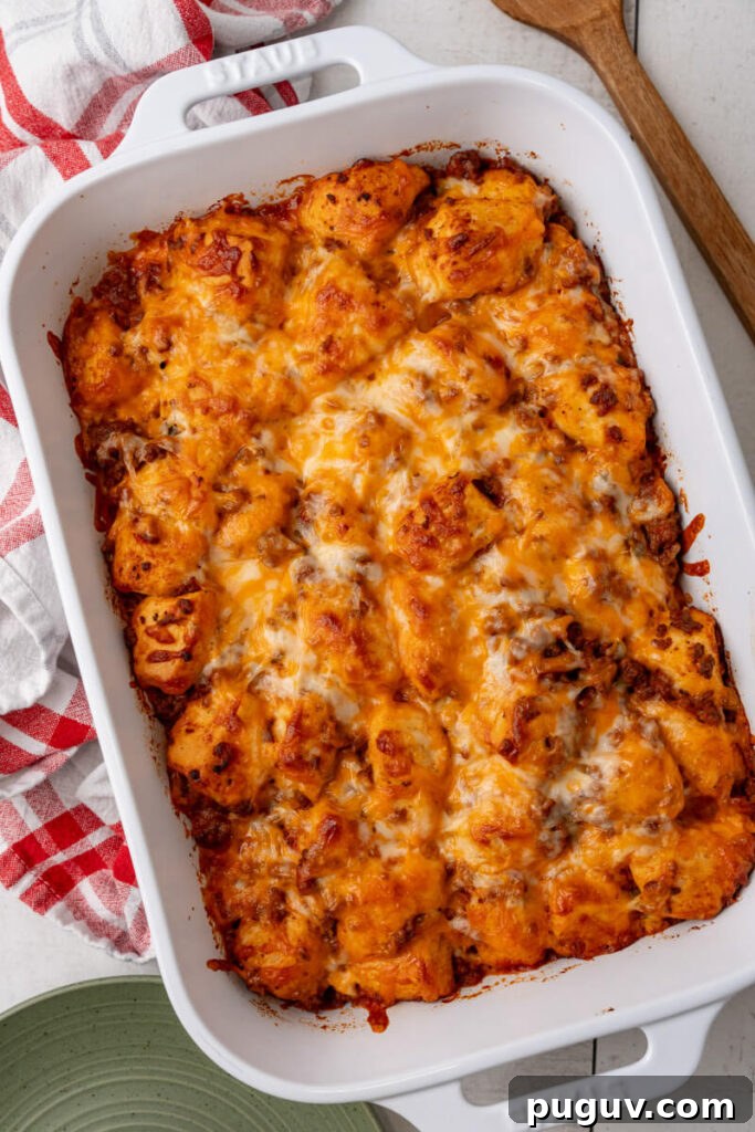 The baked casserole is golden brown.
