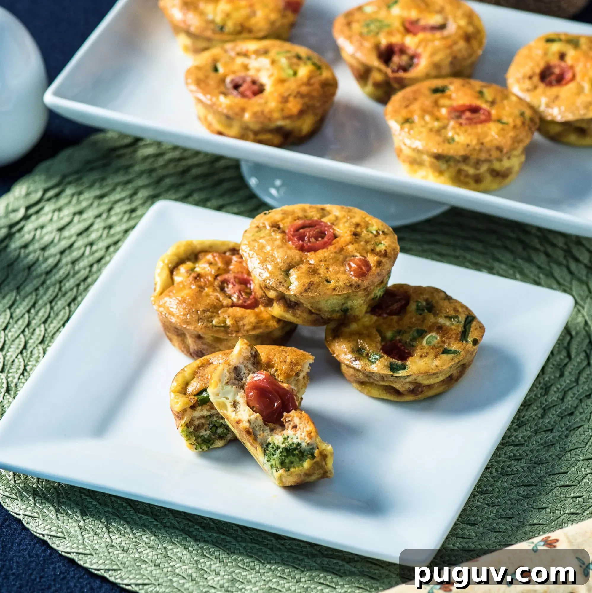Chorizo, Broccoli & Cheese Egg Muffin Cups Recipe 5 Two plates of egg muffins