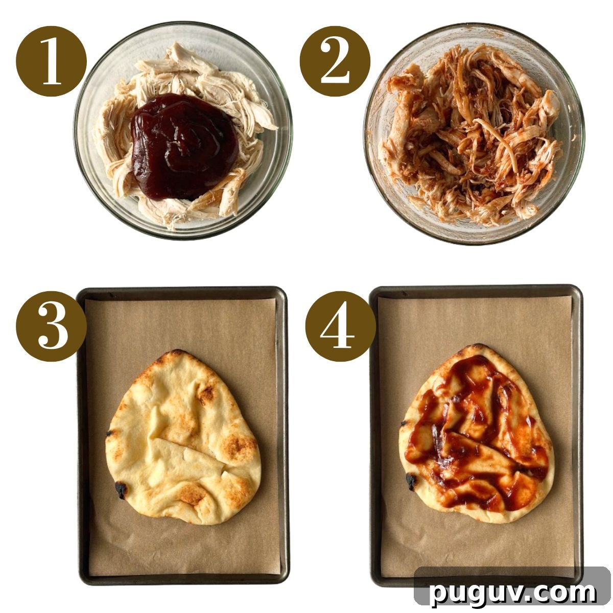 BBQ Chicken Naan Pizza Recipe: Crispy Naan, Tangy Sauce 4 Steps to make BBQ chicken naan pizza.