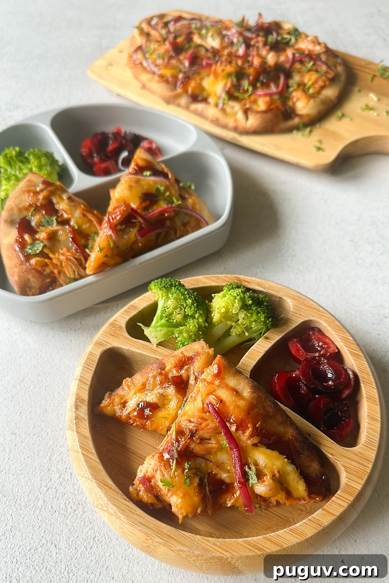 BBQ Chicken Naan Pizza Recipe: Crispy Naan, Tangy Sauce 6 BBQ chicken naan pizzas served with broccoli and cherries.