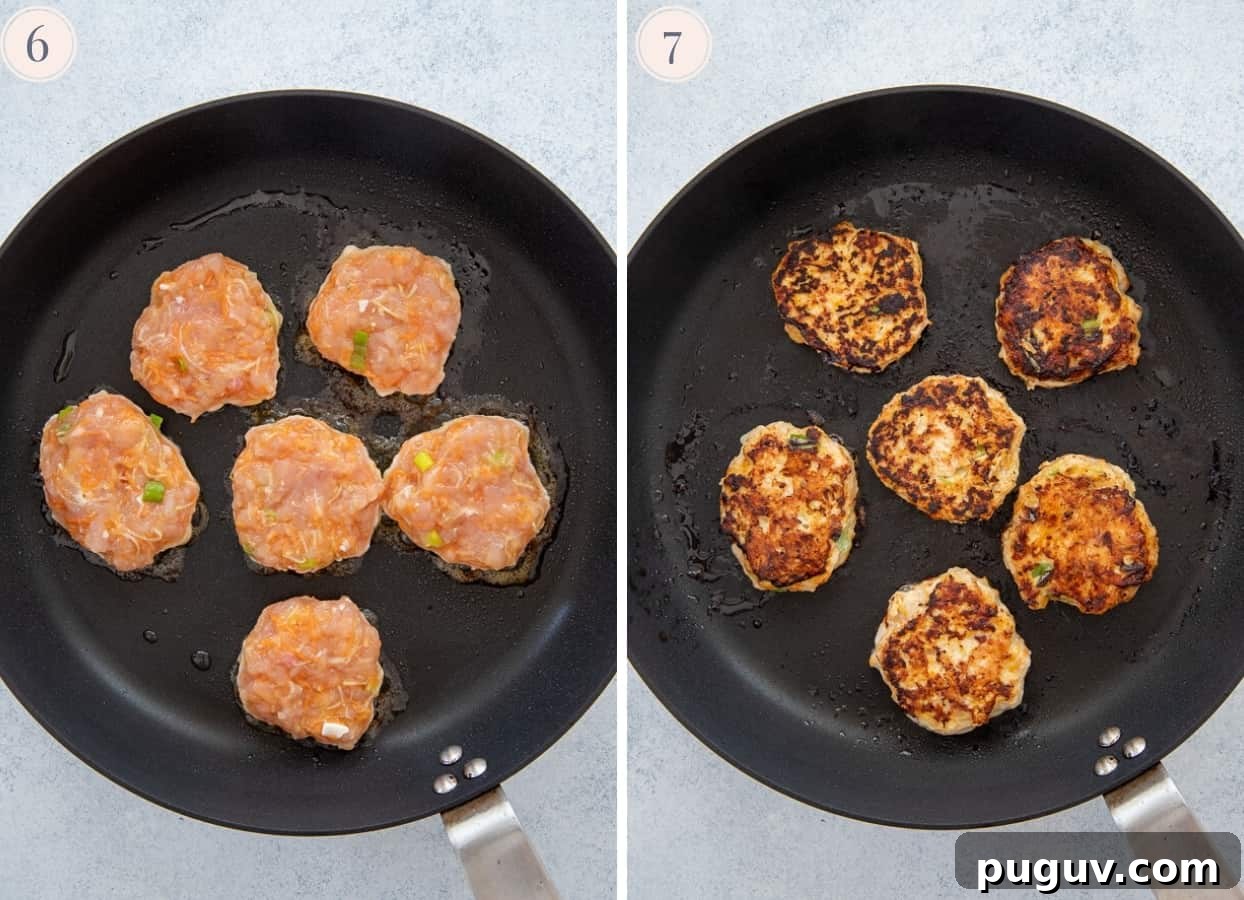 cooking patties picture collage showing how to fry chicken patties in a pan to make burger bowl recipe