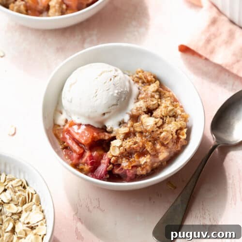 Square hero shot of a bowl of gluten-free rhubarb crisp in a white bowl with a scoop of vanilla ice cream and a silver spoon.