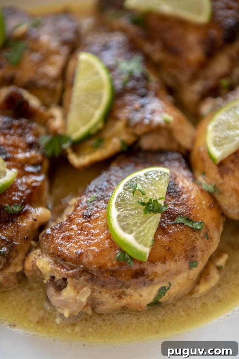 Coconut Lime Slow-Cooker Chicken with Garlic and Cilantro 2 chicken thighs in coconut lime sauce with lime wedges on top