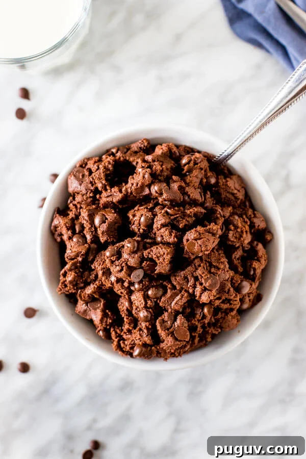 Edible Double Chocolate Cookie Dough Recipe for Safe Snacking 3 Eggless Chocolate Cookie dough in a bowl - shot from above.
