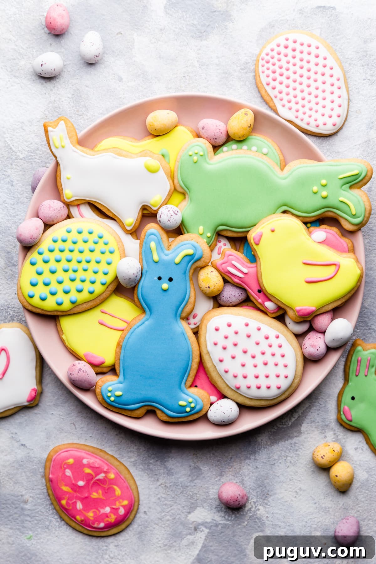 Easter Sugar Cookie Recipe with Simple Decorative Icing 12 overhead shot of sugar cookies with icing on a plate