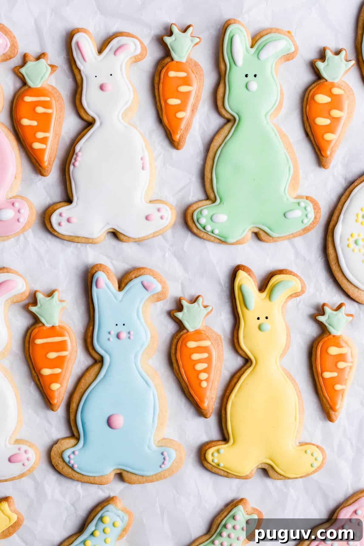 Easter Sugar Cookie Recipe with Simple Decorative Icing 13 top view of bunny-shaped sugar cookies with icing