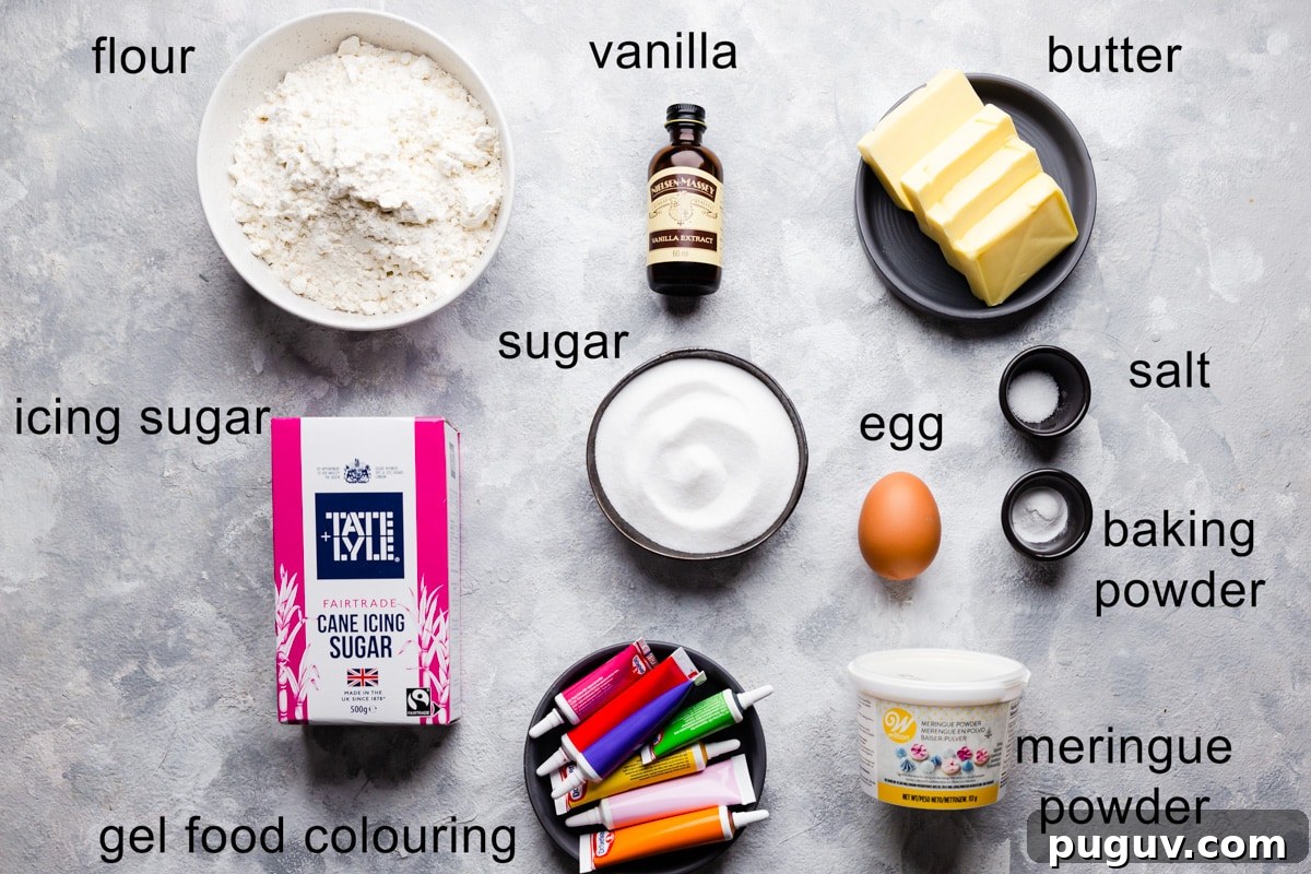 Easter Sugar Cookie Recipe with Simple Decorative Icing 3 overhead shot of the ingredients for sugar cookies with text labels