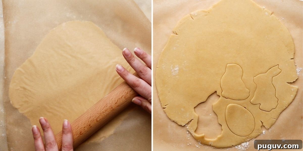 Easter Sugar Cookie Recipe with Simple Decorative Icing 5 process shots showing how to roll and cut sugar cookies