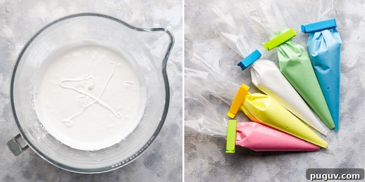Easter Sugar Cookie Recipe with Simple Decorative Icing 6 overhead view of the royal icing in the bowl and in piping bags