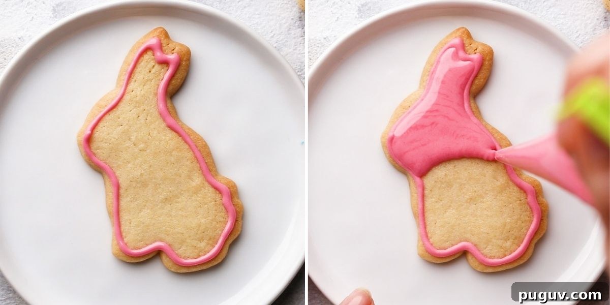 Easter Sugar Cookie Recipe with Simple Decorative Icing 7 overhead shots showing the process of decorating Easter sugar cookies