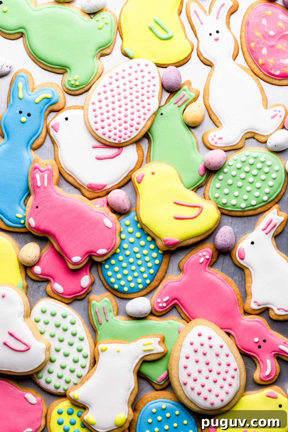 Easter Sugar Cookie Recipe with Simple Decorative Icing 10 top view at sugar cookies decorated with coloured royal icing