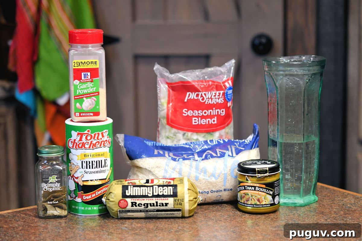 ingredients for easy instant pot dirty rice on a counter