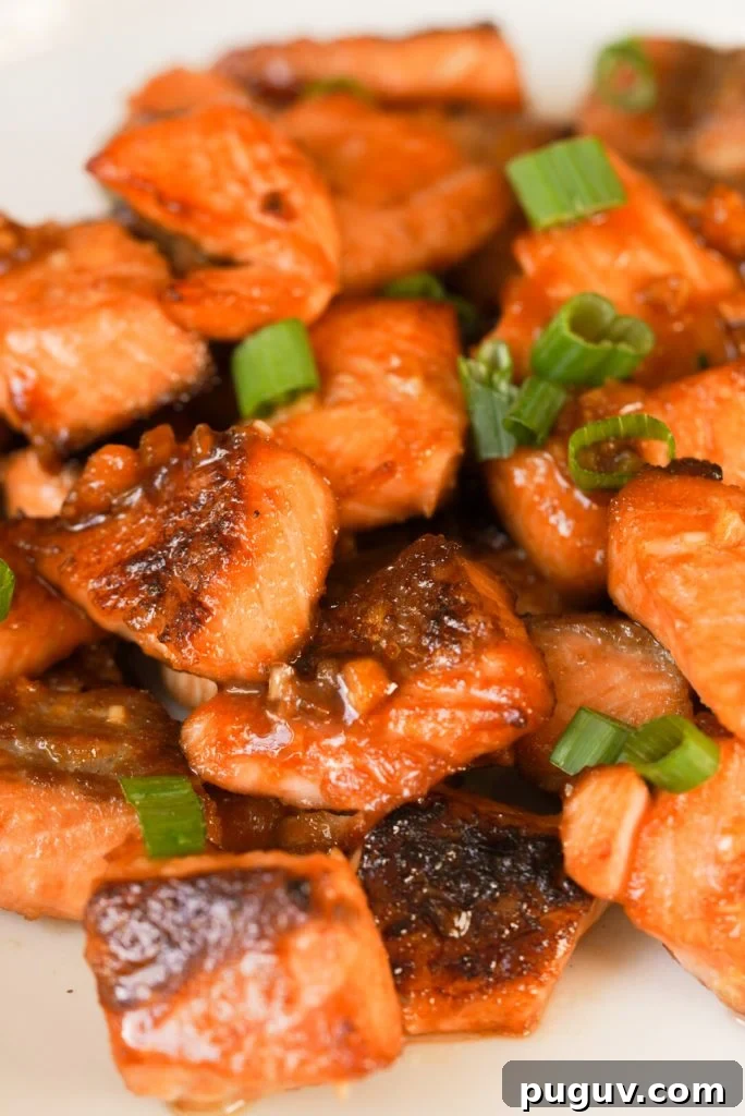 Honey Garlic Salmon Bites: Quick Glazed Salmon Appetizers 6 honey garlic glazed salmon chunks