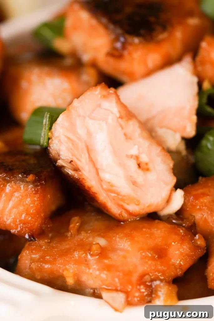 Honey Garlic Salmon Bites: Quick Glazed Salmon Appetizers 10 inside of a salmon bite