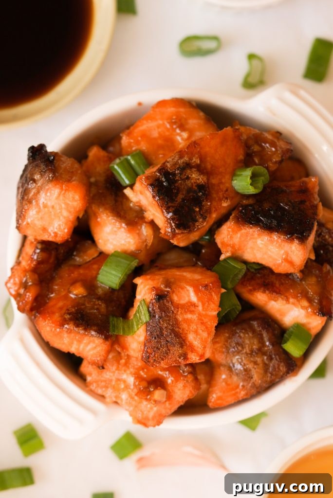 Honey Garlic Salmon Bites: Quick Glazed Salmon Appetizers 3 honey garlic salmon cubes with green onions