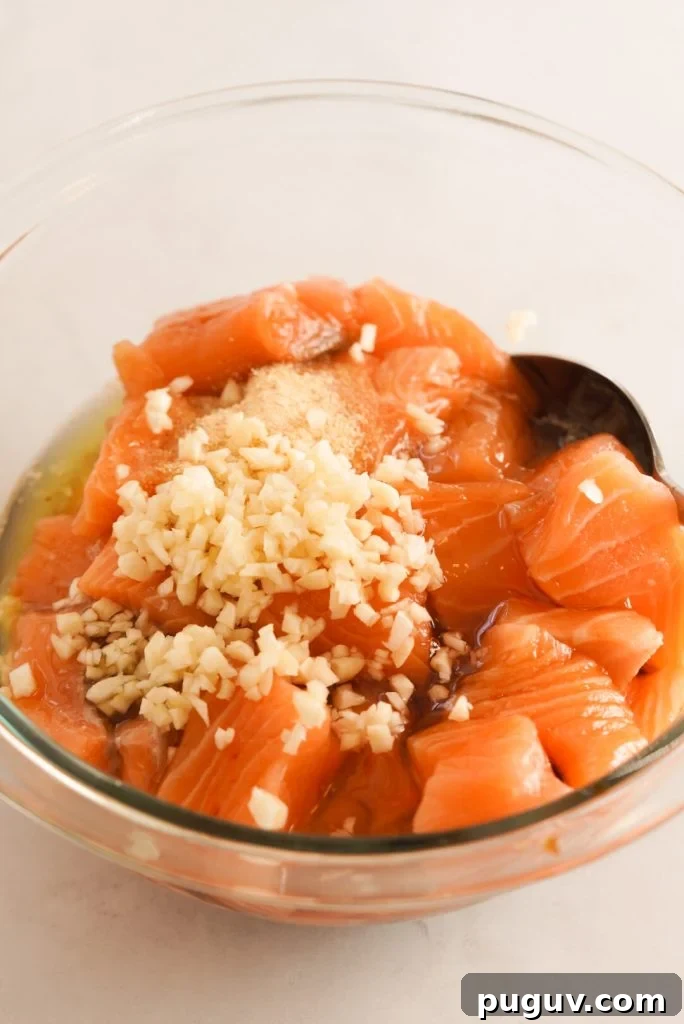 Honey Garlic Salmon Bites: Quick Glazed Salmon Appetizers 7 salmon cubes with glaze ingredients