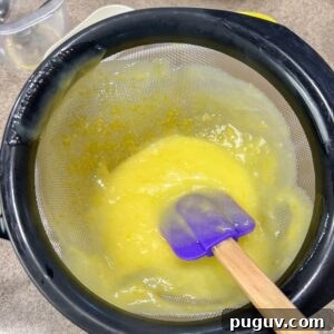 Lemon Curd with Whole Eggs: Simple Recipe and Freezing Tips 6 rubber spatula in curd in strainer showing bits of zest