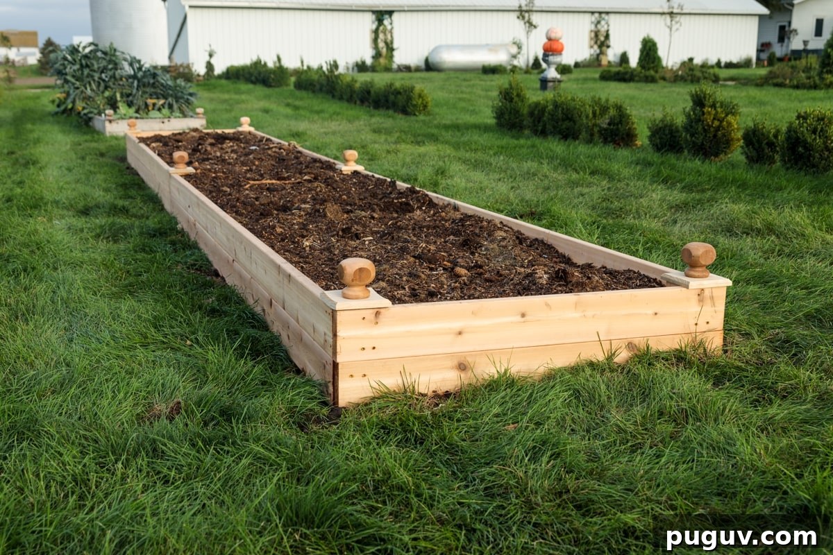 Build Raised Garden Beds: A Step-by-Step Guide for Any Yard 3 Newly completed raised garden bed filled with rich dark soil and sitting amongst lush green grass with garden shed in background