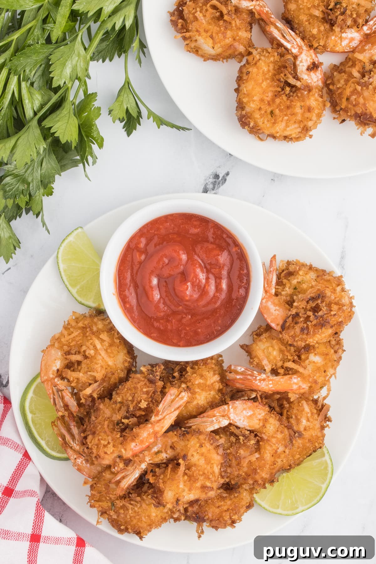 Overhead view of a plate of coconut shrimp with sauce
