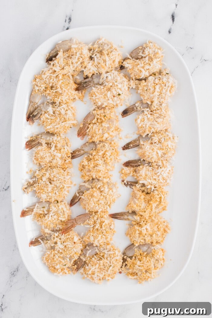 Shrimp coated in coconut on a tray