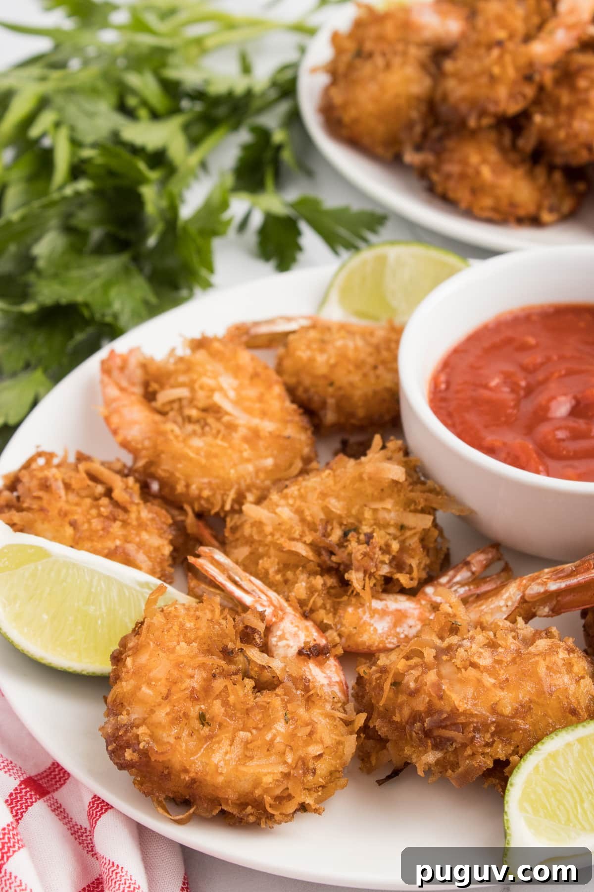 Angled overhead view of a plate of coconut shrimp with a bowl of sauce