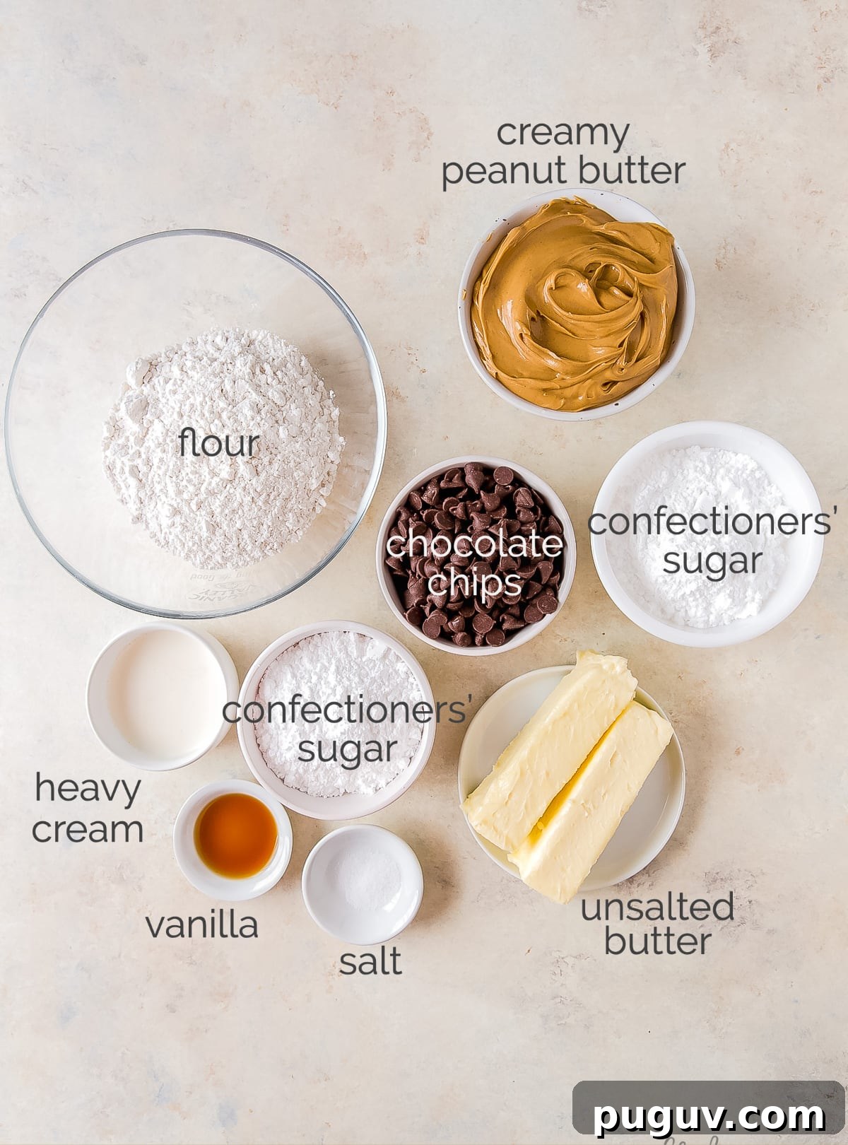 Chocolate Peanut Butter Bars with Shortbread Crust 3 peanut butter chocolate bars ingredients in bowls labeled with text