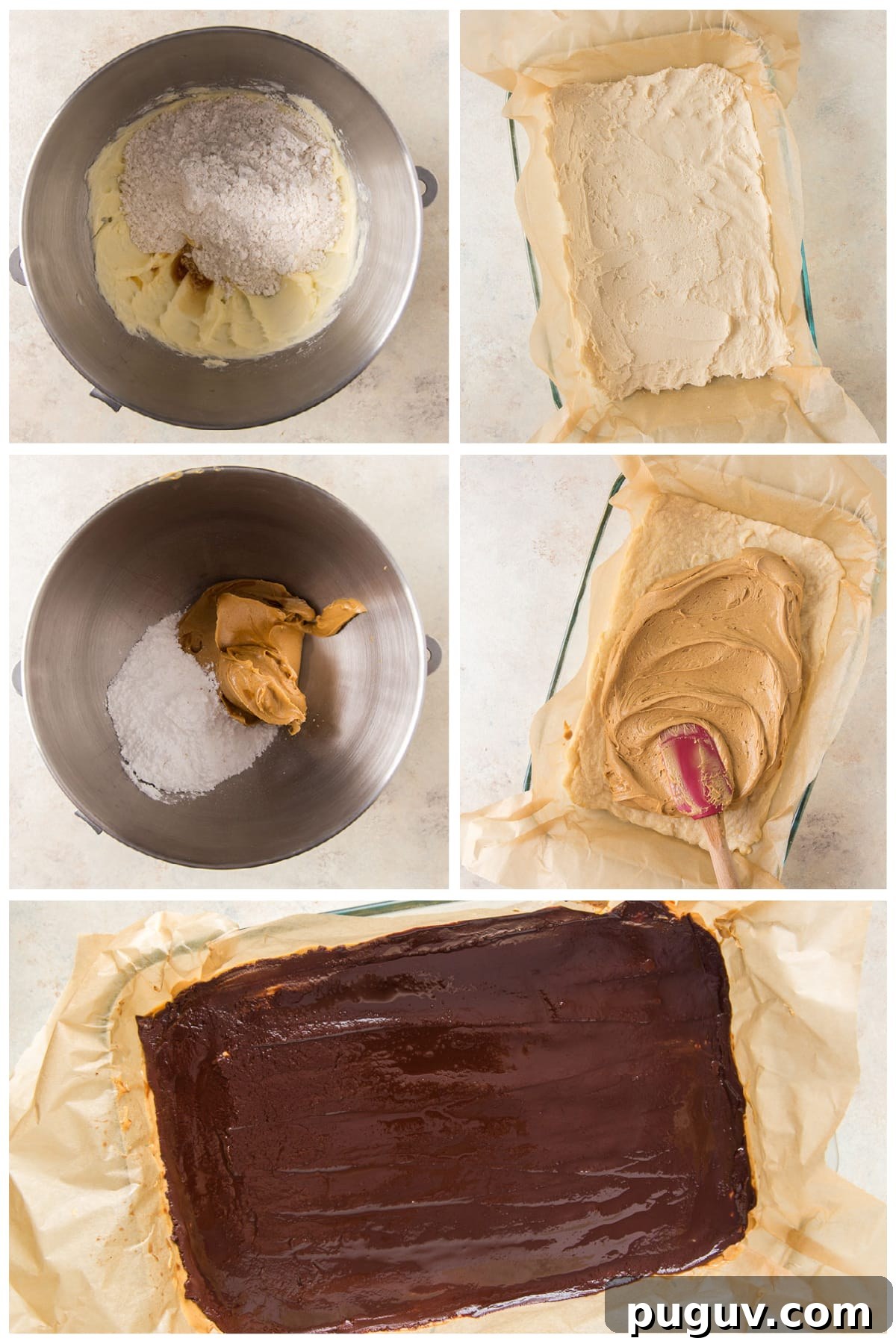 Chocolate Peanut Butter Bars with Shortbread Crust 4 photo collage demonstrating how to make layers for peanut butter chocolate bars