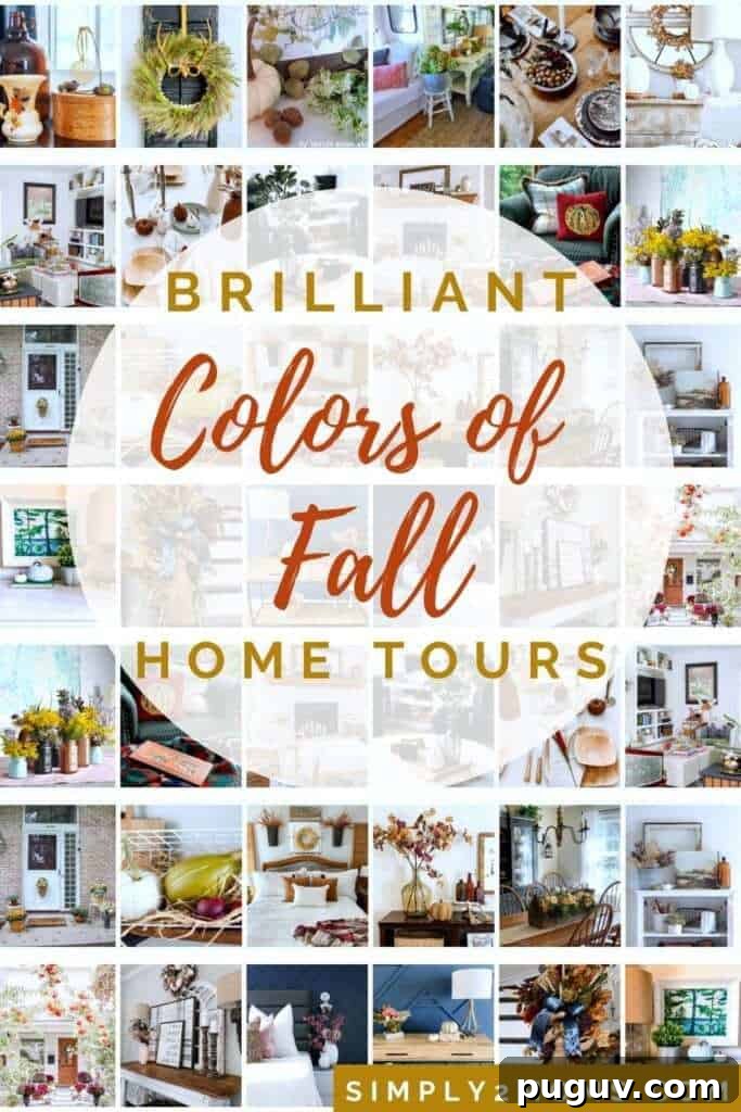 13 Stunning Ways to Add Fall Color to Your Home 22 pinterest graphic with collage of fall pictures that reads "brilliant colors of fall home tours"