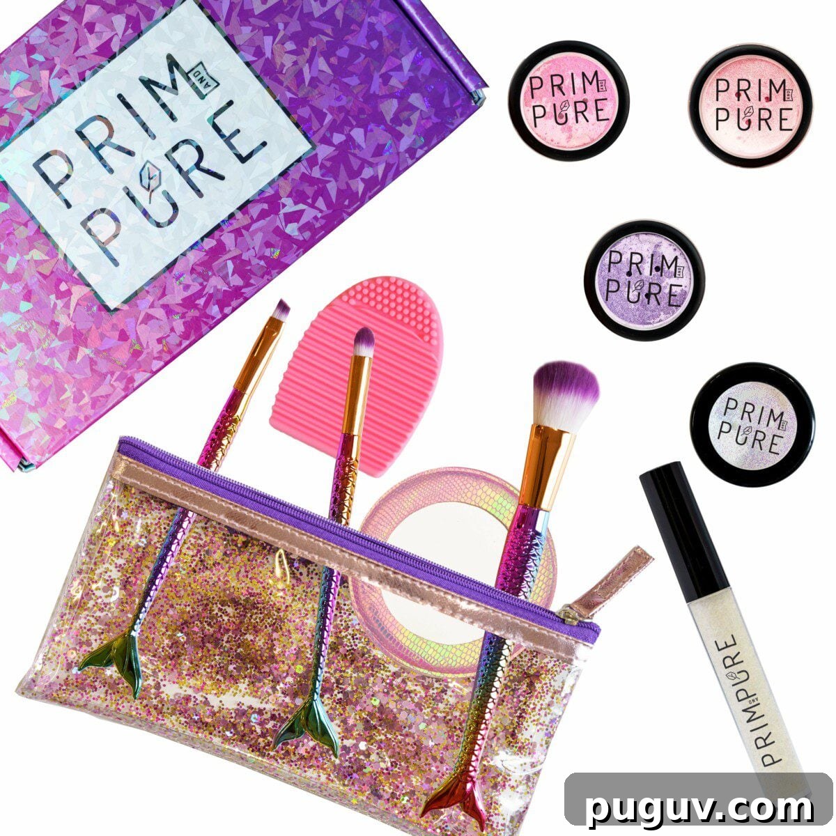 Clean Makeup for Tweens: 8 Safe Brands for Kids and Teens 5 An overhead view shows a collection of Prim & Pure mineral makeup products, including glitter eyeshadow pots, glittery brushes with mermaid tails, a makeup bag, and a translucent lip gloss on a white background.