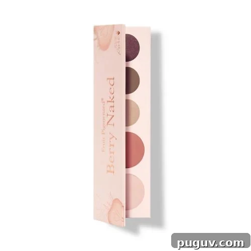 Clean Makeup for Tweens: 8 Safe Brands for Kids and Teens 10 An upright, slim, cardboard eyeshadow palette labeled "Berry Naked" from 100% Pure, featuring five fruit-pigmented shades in purples, browns, and pinks, is cast against a white background with a shadow.