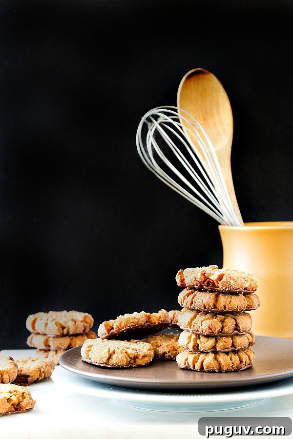 Ultimate Triple Peanut Butter Cookies Recipe You’ll Love 2 A stack of peanut butter cookies on a plate with other cookies on the counter.