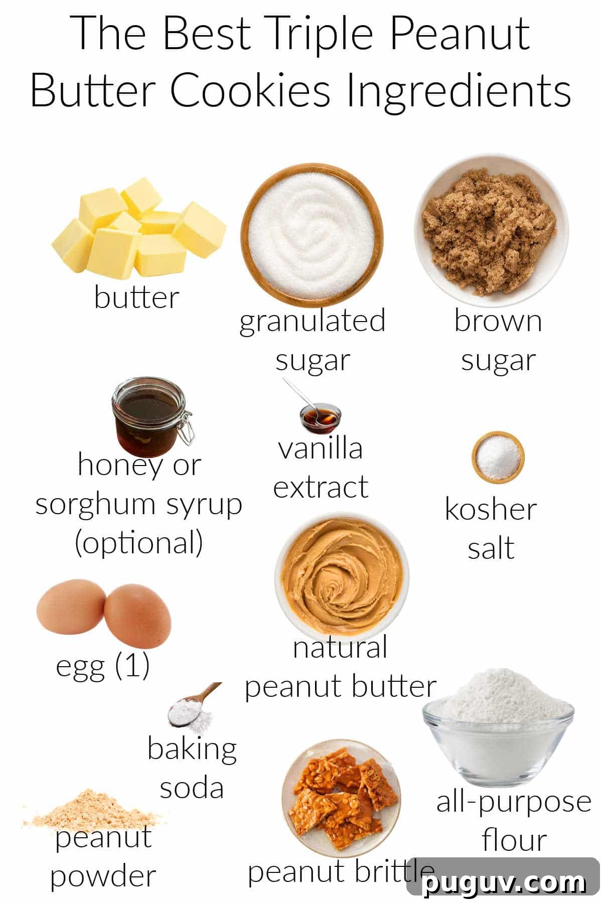 Ultimate Triple Peanut Butter Cookies Recipe You’ll Love 5 Collage of ingredients for making the best triple peanut butter cookies in the world.