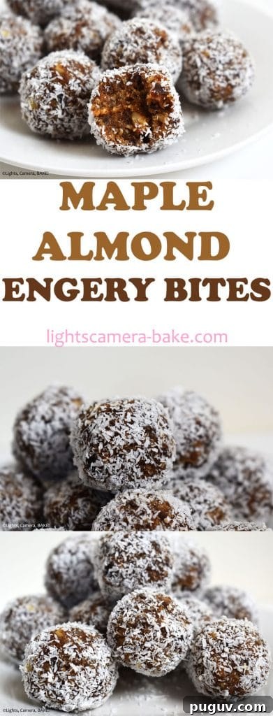 Maple Almond Energy Bites Recipe for Quick Natural Snacks 7 Long pinterest image with three images and a title.