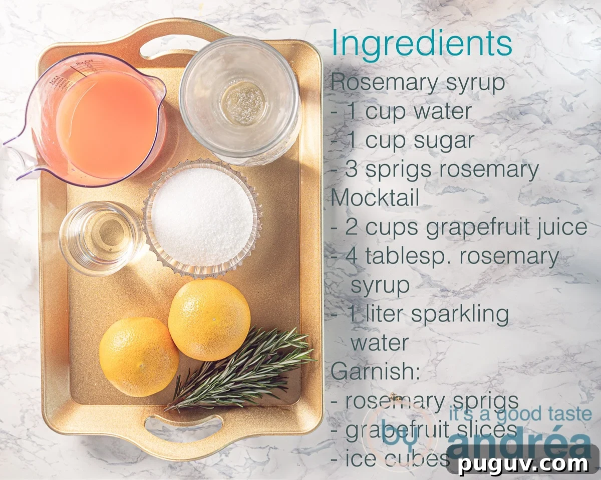 ingredients sparkling grapefruit mocktail with rosemary