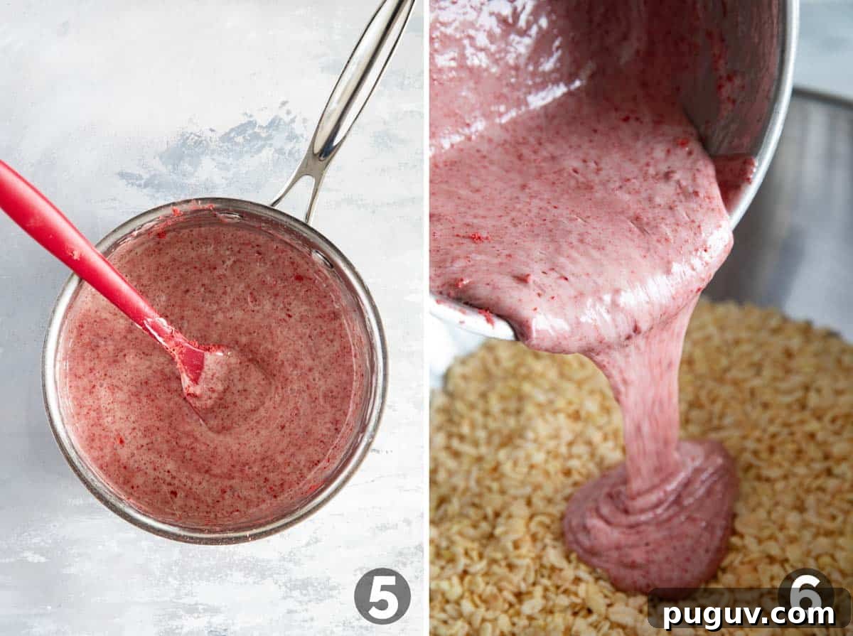 Strawberry Rice Krispie Treats Recipe — Quick No-Bake Dessert 6 Mixing freeze dried strawberries into marshmallow mixture, then mixing into crisp rice cereal.