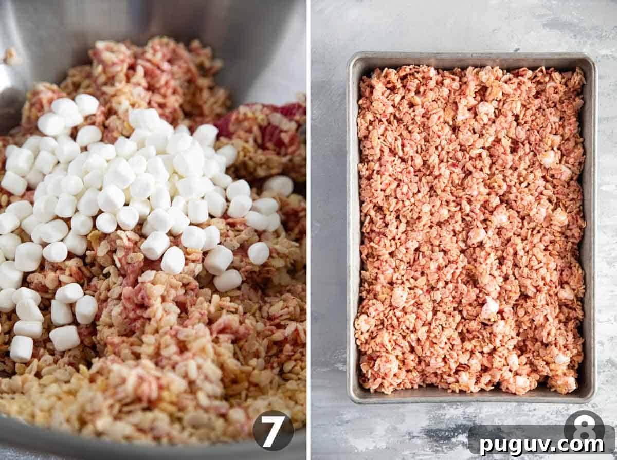 Strawberry Rice Krispie Treats Recipe — Quick No-Bake Dessert 7 Mixing marshmallows into strawberry Rice Krispie treats, and placing mixture into a baking dish.