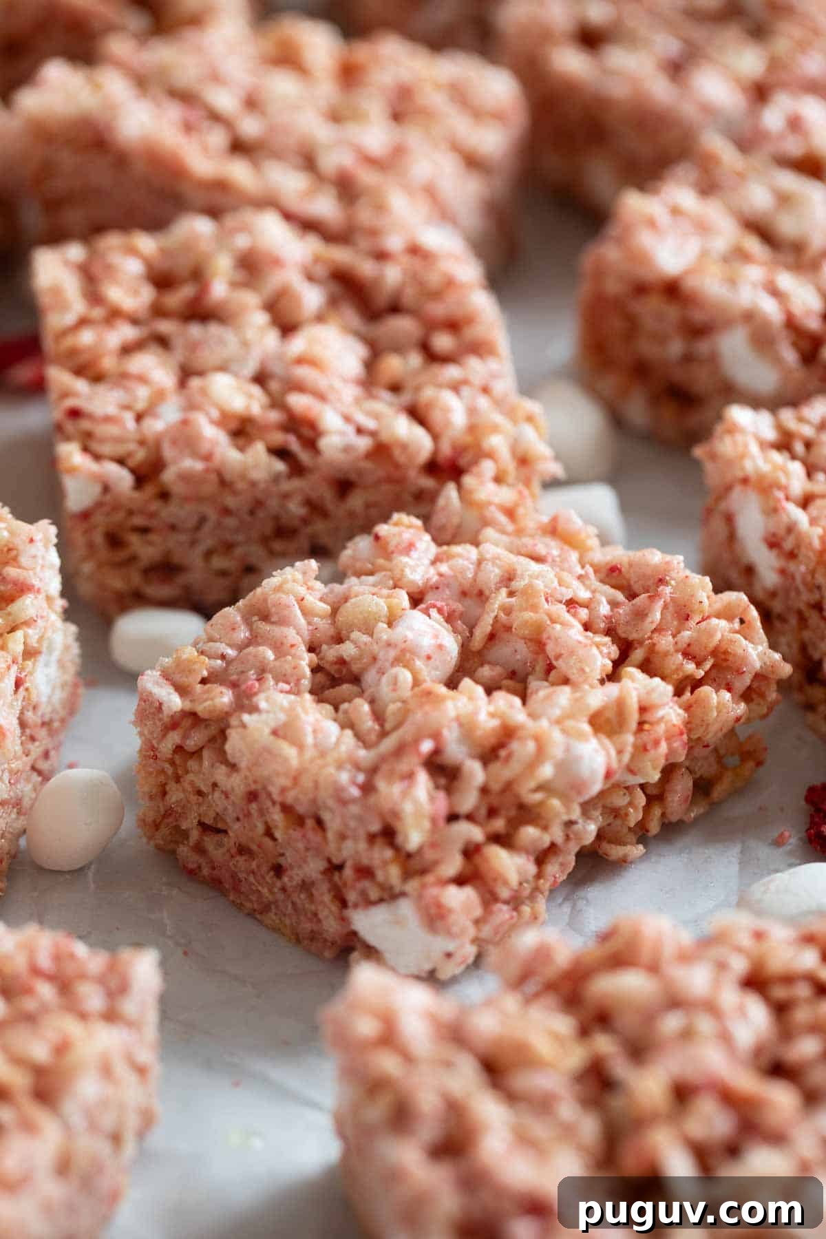 Strawberry Rice Krispie Treats Recipe — Quick No-Bake Dessert 8 Strawberry Rice Krispie Treats cut into bars on parchment.