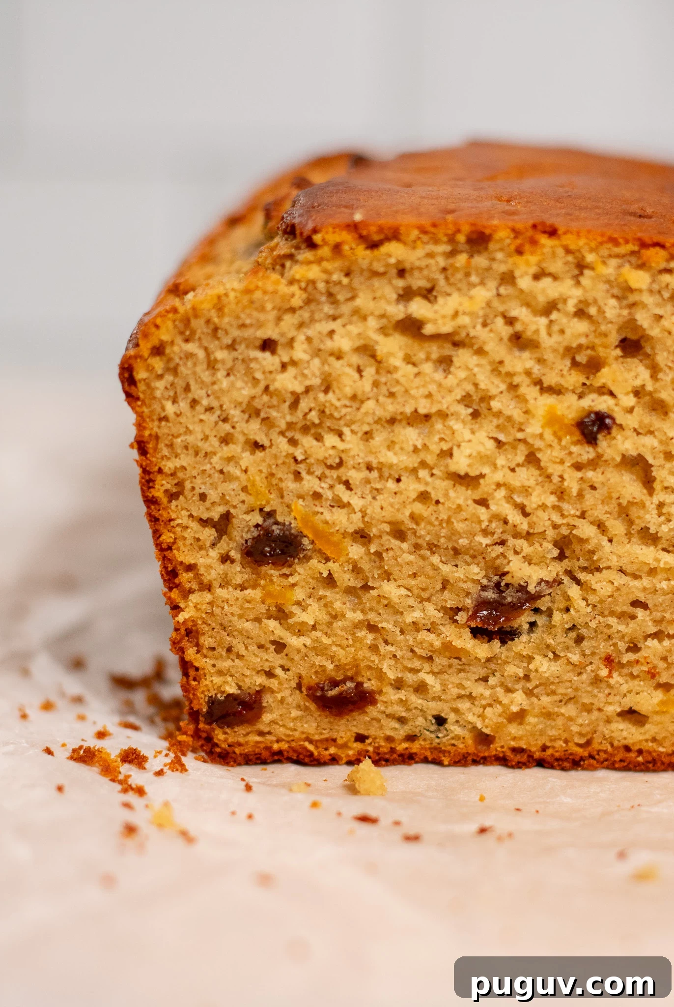 Closeup of christmas cake with raisins and orange peel.
